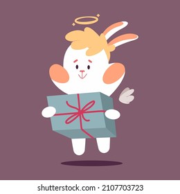 Cute cupid rabbit with candy box vector cartoon Valentines day character isolated on background.