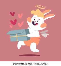 Cute cupid rabbit with gift box and hearts vector cartoon Valentines day character isolated on background.