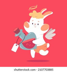 Cute cupid rabbit with love potion vector cartoon Valentines day character isolated on background.