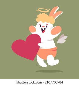 Cute cupid rabbit with red heart vector cartoon Valentines day character isolated on background.