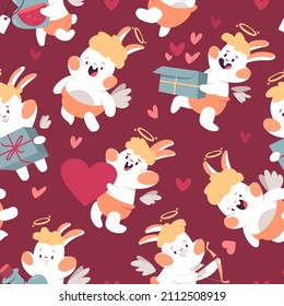 Cute cupid rabbits vector cartoon seamless pattern background for Valentines day.