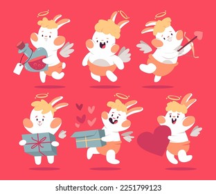 Cute cupid rabbits vector cartoon Valentines day characters set isolated on background.