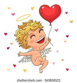 Cute cupid with a red balloon. Excellent gift card for Valentine's Day. Vector illustration on white background.