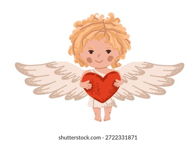 Cupido bonito com coração vermelho e asas grande anjo