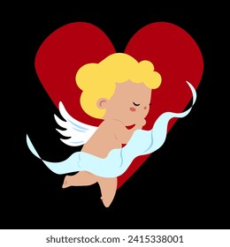 Cute cupid with red heart on black background. Vector illustration.