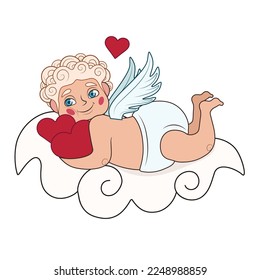 Cupido con corazones rojos y nubes sobre fondo blanco