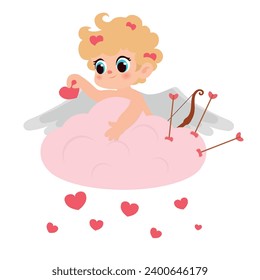 Cute Cupid with red hearts on cloud against white background