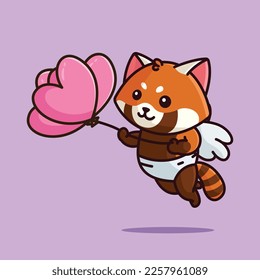 Cute cupid red panda holding love balloons cartoon vector illustration animal love isolated
