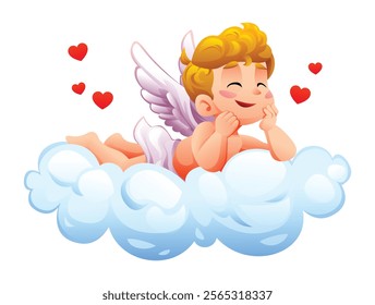 Cute cupid resting on fluffy clouds surrounded by love hearts. Vector cartoon illustration