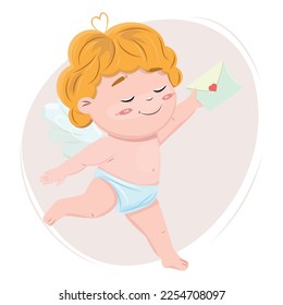 Cute cupid running with the envelope. Happy cupid in love delivering a love letter. Happy Valentines day. For banners, cards, posters, backgrounds, design elements, advertisements. 