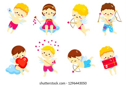 Cute Cupid set. Cartoon St Valentines day characters collection. Amur boys. Isolated angels in different poses for romantic valentines design
