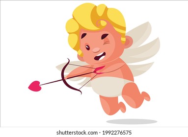 Cute cupid is shooting arrows. Vector graphic illustration. Individually on a white background.