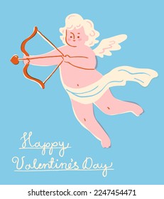 Cute cupid Schießen mit einem Bogen und Pfeil. Flying cherub-Charakter für ein romantisches Valentinstag-Banner, Poster oder Postkarte. Handgezeichnete Elemente im trendigen Retro-Stil.