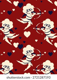 Cute Cupid shooting a bow vector seamless pattern. Vintage Valentine's Day print. Simple romantic background. Retro style festive card. Graphic old colors holiday illustration. Flat cartoon design