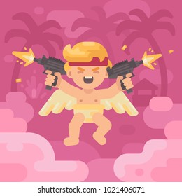 Cute cupid shooting two uzis in a tropical landscape. Valentines Day greeting card flat illustration