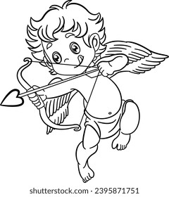 Cute Cupid Shoots Bow for Coloring Page. Vector Illustration of Cartoon Character for Valentines Day svg