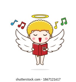 Cute cupid singing. Vector illustration of chibi character isolated on white background.
