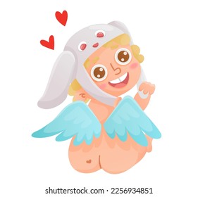 Cute cupid is sitting in funny hat. Happy little kid as angel. Valentines vector illustration