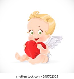 Cute cupid sitting and hugging a soft red pillow heart isolated on a white background
