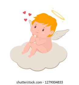 Cute cupid sitting on a cloud. Valentine's Day vector cartoon amur character with angel wings and halo isolated on white background.