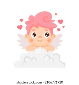 Cute cupid sitting on a cloud. Vector cartoon character for Valentine's day