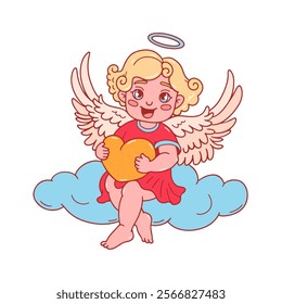 Cute cupid sitting on cloud with heart. Cherub with blonde curly hair and pink dress. Happy Valentine's day doodle character. Amour Baby Angel. God of love on white background. Vector illustration.