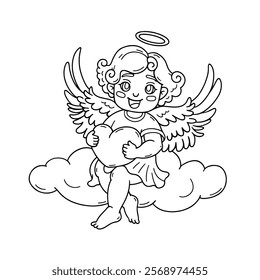 Cute cupid sitting on cloud with heart. Cherub with curly hair and dress. Happy Valentine's day doodle character. Children's coloring book. Amour Baby Angel. God of love. Vector outline illustration.