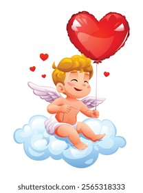 Cute cupid sitting on clouds holding a red heart balloon surrounded by love hearts. Vector cartoon illustration