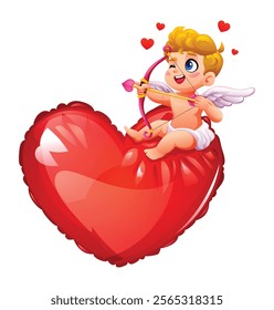 Cute cupid sitting on a red heart shaped balloon aiming a heart arrow with love hearts. Vector cartoon illustration