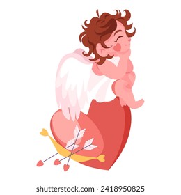 Cute cupid sitting on the top of the heart with arrows. Valentines day concept. Cartoon character design. 14 February festivity concept. Vector illustration
