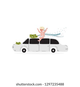 Cute Cupid Sitting on Wedding Retro Car, Amur Baby Angel, Happy Valentine Day Symbol Vector Illustration