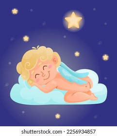 Cute cupid is sleeping on the cloud among the stars. Night concept. Vector design for postcards