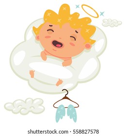 Cute cupid sleeping on a cloud on which hangs hanger with angel wings. The symbol of Valentine's Day. Cartoon vector illustration on a white background.