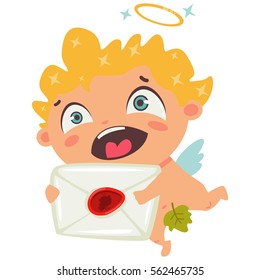 Cute cupid smiling and holds in hands love letter. The symbol of Valentine's Day. Cartoon vector illustration on a white background.