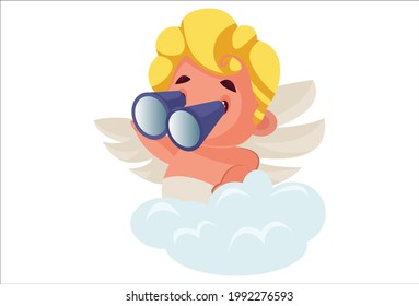 Cute cupid is standing on a cloud and looking from the binocular. Vector graphic illustration. Individually on a white background.