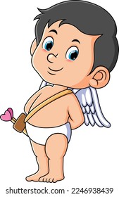 The cute cupid is standing up straight and hiding something of illustration