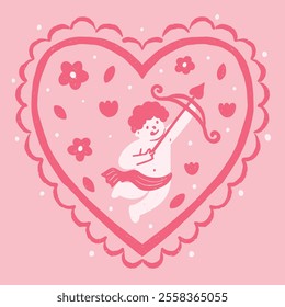 A cute cupid surrounded by a heart, shooting an arrow, perfect for Valentine's Day-themed decorations and designs.