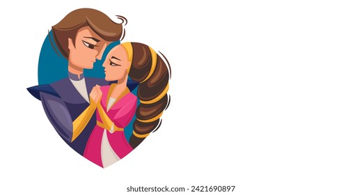 A cute cupid takes aim at a couple in love. Cartoon characters