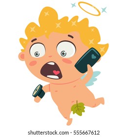 Cute cupid talking on smart phone and looking at his watch on his arm. The symbol of Valentine's Day. Cartoon vector illustration on a white background.