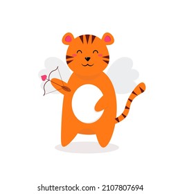 Cute Cupid tiger. Cartoon characters. Idea for St. Valentines Day