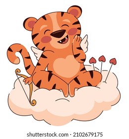 Cute cupid with a valentine arrow, smiling Amur tiger