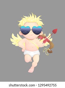  Cute cupid for valentine's day. He is holding a bow and wearing a sunglasses the character has gold curly hair and wings. He is isolated on a grey background.