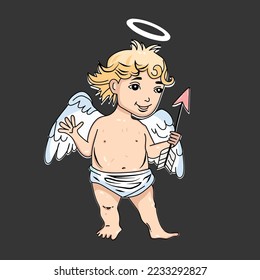 Cute Cupid Vector. Cupids cartoon. Valentine Day Card. Shoots A Bow. Flat Cartoon Illustration