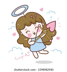 Cute Cupid vector. Illustration of a Valentines Day Kawaii girl cartoon, arrow of love.little cupids shoots bow. Isolated on white background. Nursery decoration, hand drawn. Perfect for kid greeting.