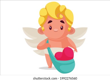 Cute cupid is wearing a sling bag. Vector graphic illustration. Individually on a white background.