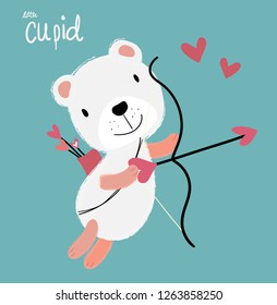 cute cupid white fluffy bear flying with heart arrow