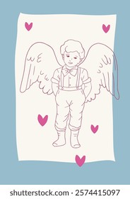 Cute Cupid with wings Whimsical Valentines day line art illustration. Flirtatous poster 