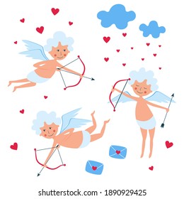 Cute cupids with arrows and bows. Cupids in different poses.