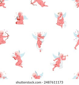 Cute cupids, cherubs, seamless pattern. Angel characters, love background. Happy Valentine Day design, repeating print for fabric, wallpaper, wrapping and textile. Romantic flat vector illustration