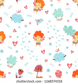 Cute cupids and clouds hand drawn color vector seamless pattern. Wrapping paper, textile, background fill